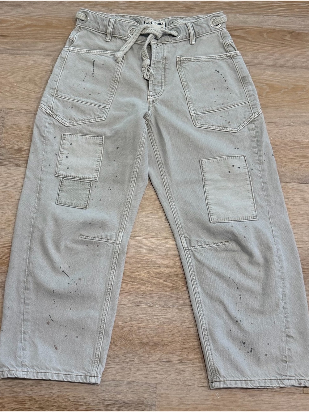 Free People- We The Free Moxie Jean- Light Gray Utility Patch Pants